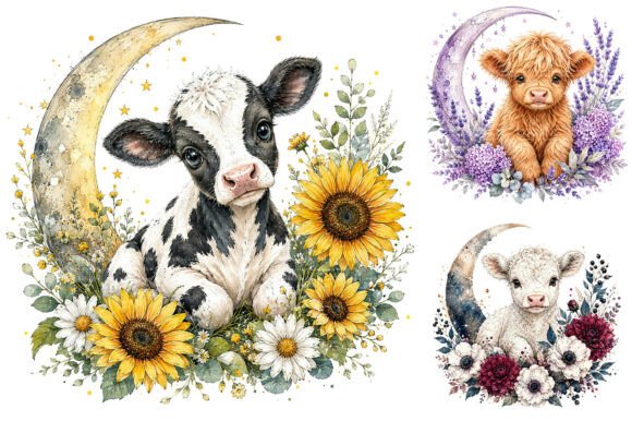 Download Cute Baby Cow Floral Crescent Moon PNG - Crescent moon Collection