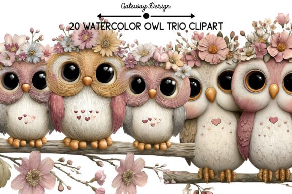 Download Watercolor Owl Trio Clipart - Watercolor owl Collection