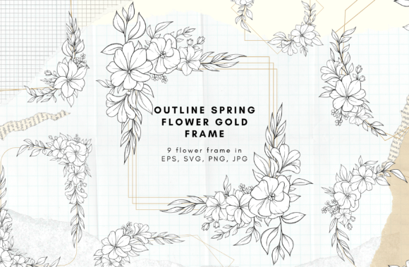 Download Outline Spring Flower Gold Frame Set - Spring Collection